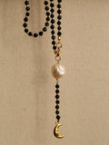 Black Onyx & Baroque Pearl Y Necklace, Moon Pendant Gemstone Necklace, Natural Freshwater Pearl Gold Vintage Jewelry