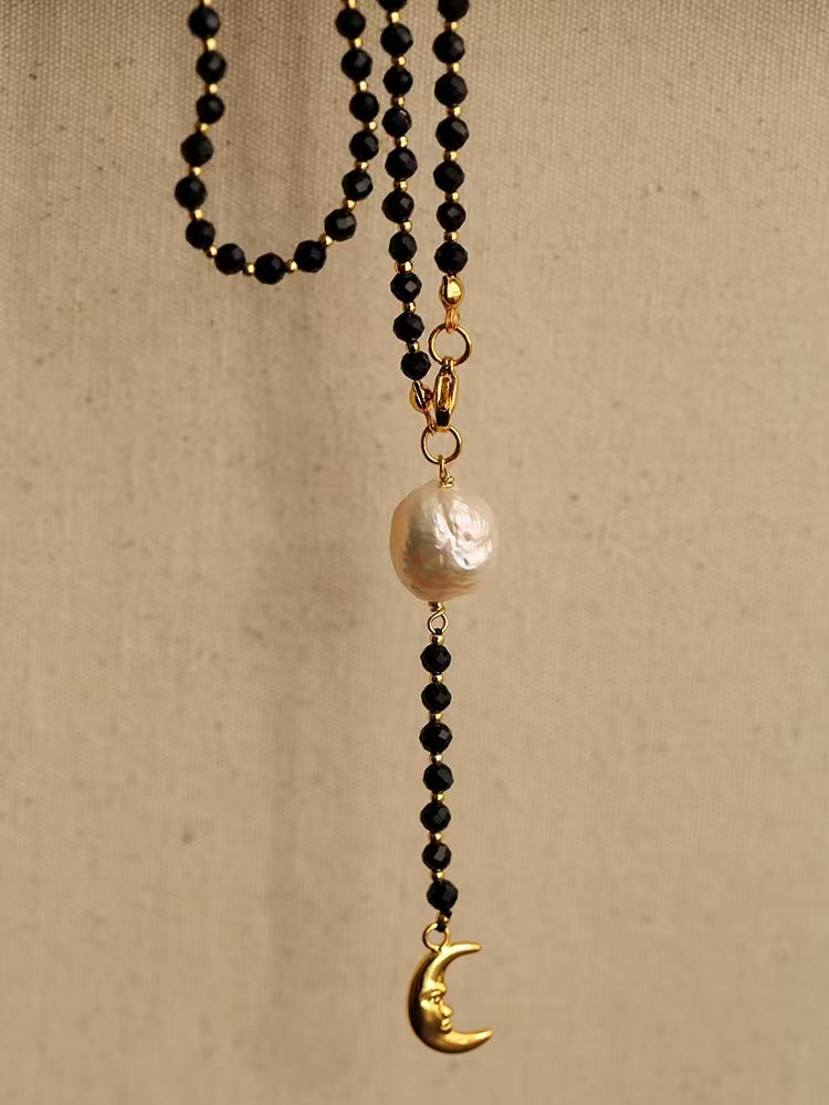 Black Onyx & Baroque Pearl Y Necklace, Moon Pendant Gemstone Necklace, Natural Freshwater Pearl Gold Vintage Jewelry