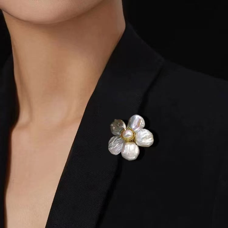 Natural Pearl & Shell Flower Brooch, Baroque Pearl Floral Pin, Vintage Gold Plated Brooch for Women, French Inspired Sculptural Jewelry Accessory