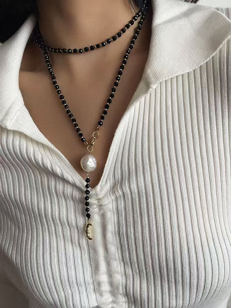 Black Onyx & Baroque Pearl Y Necklace, Moon Pendant Gemstone Necklace, Natural Freshwater Pearl Gold Vintage Jewelry