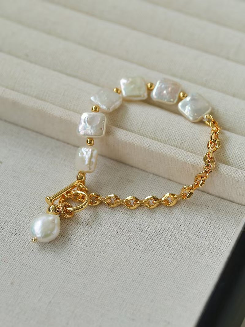 Natural Square Baroque Freshwater Pearl Necklace, Bracelet & Jewelry Set | Full Pearl or Half Pearl Chain | 18K Gold Plated