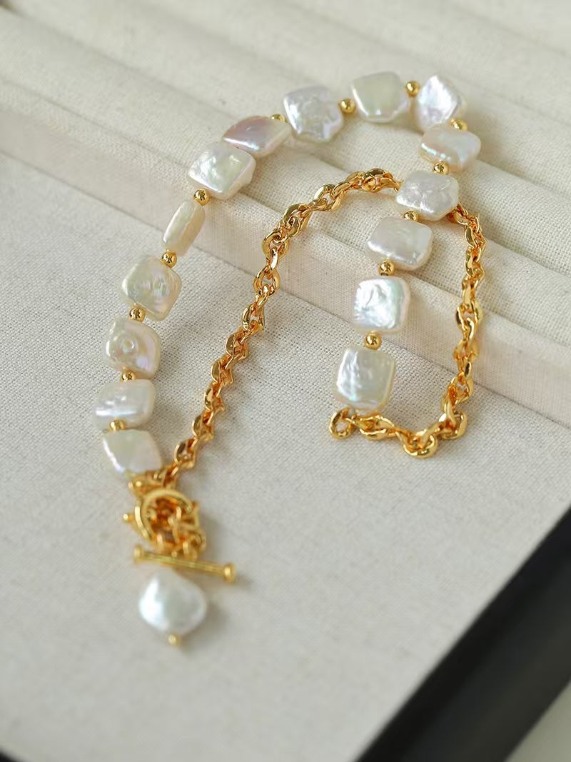 Natural Square Baroque Freshwater Pearl Necklace, Bracelet & Jewelry Set | Full Pearl or Half Pearl Chain | 18K Gold Plated