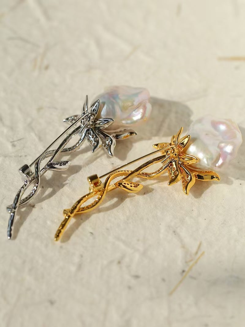 Natural Baroque Pearl Rose Brooch | Freshwater Pearl Flower Pin Jewelry