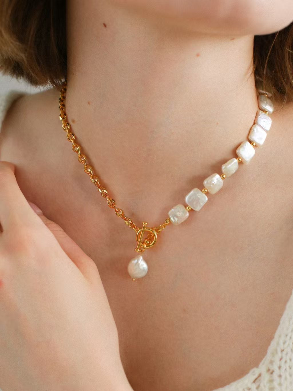 Natural Square Baroque Freshwater Pearl Necklace, Bracelet & Jewelry Set | Full Pearl or Half Pearl Chain | 18K Gold Plated