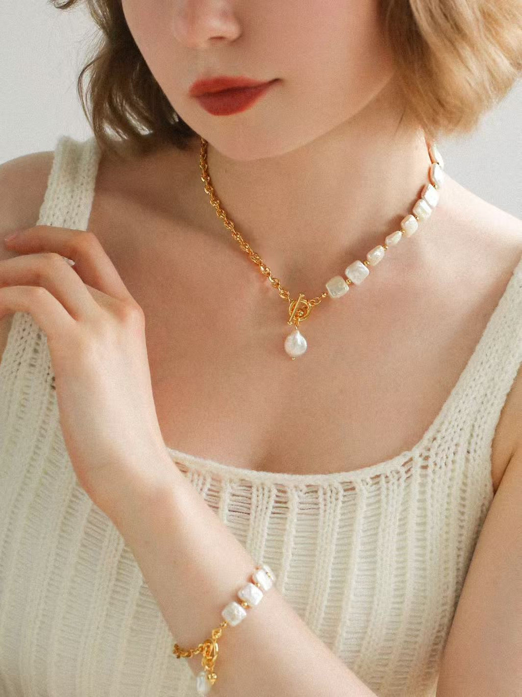 Natural Square Baroque Freshwater Pearl Necklace, Bracelet & Jewelry Set | Full Pearl or Half Pearl Chain | 18K Gold Plated