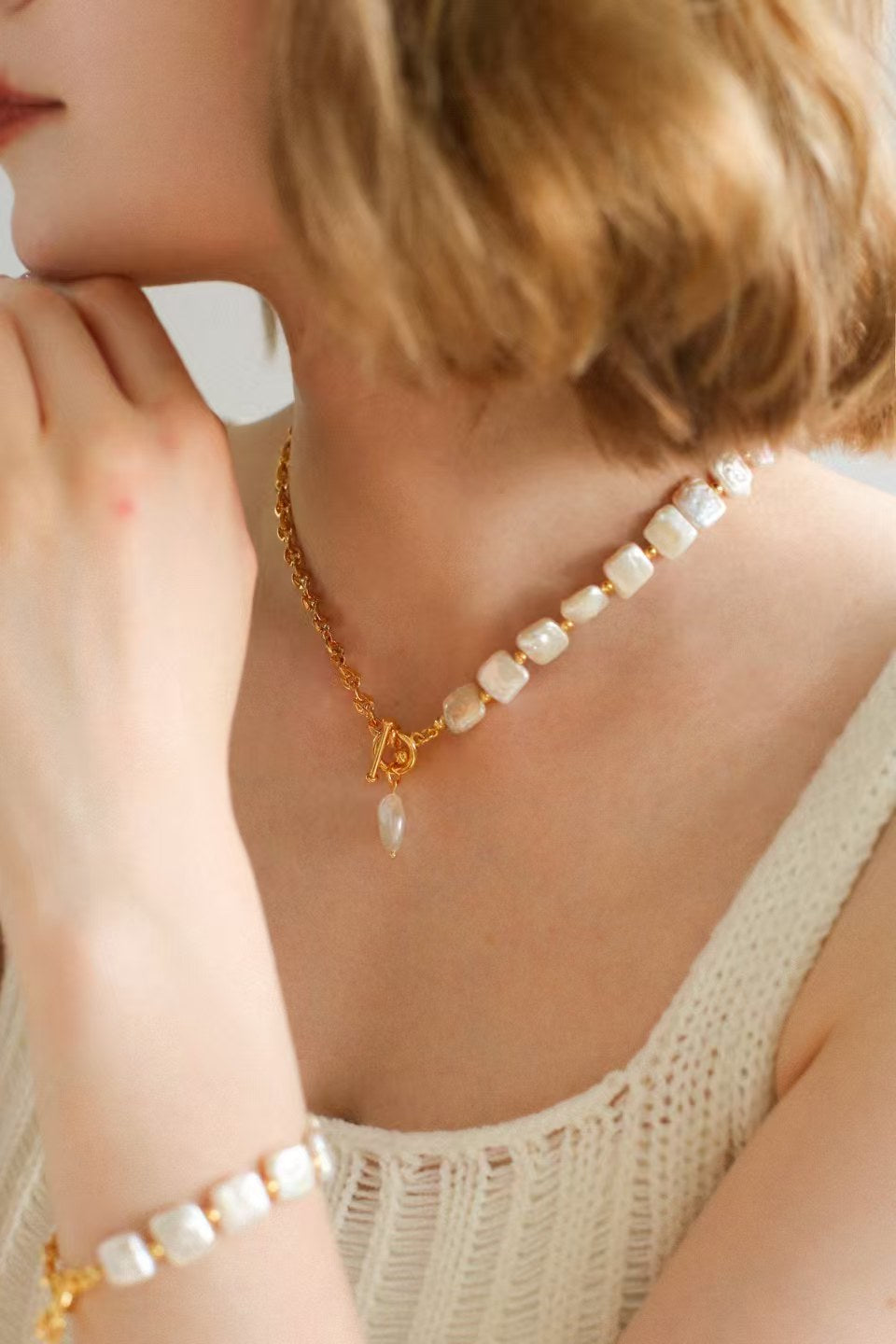 Natural Square Baroque Freshwater Pearl Necklace, Bracelet & Jewelry Set | Full Pearl or Half Pearl Chain | 18K Gold Plated
