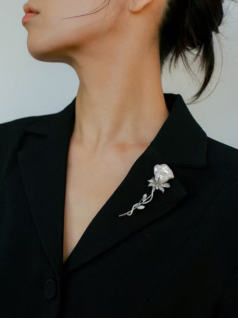 Natural Baroque Pearl Rose Brooch | Freshwater Pearl Flower Pin Jewelry