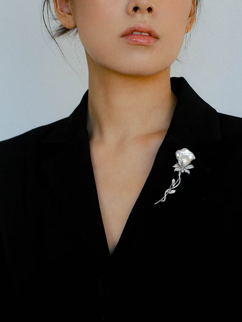 Natural Baroque Pearl Rose Brooch | Freshwater Pearl Flower Pin Jewelry