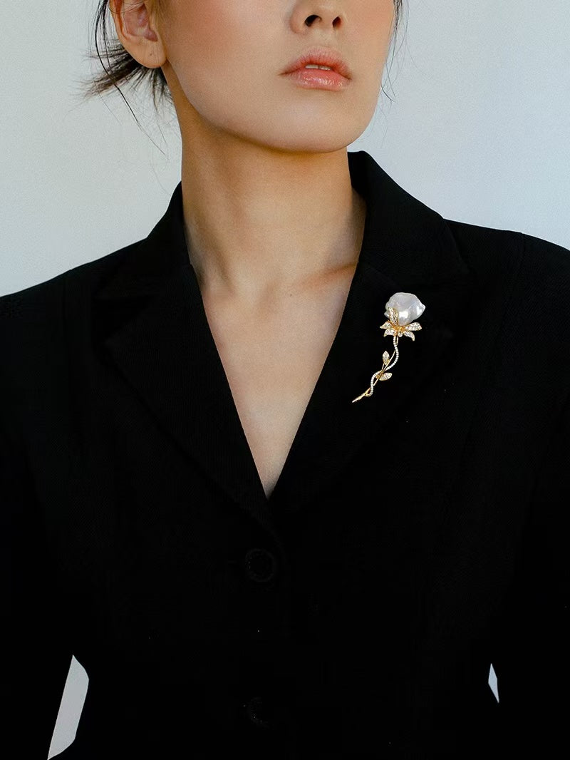 Natural Baroque Pearl Rose Brooch | Freshwater Pearl Flower Pin Jewelry