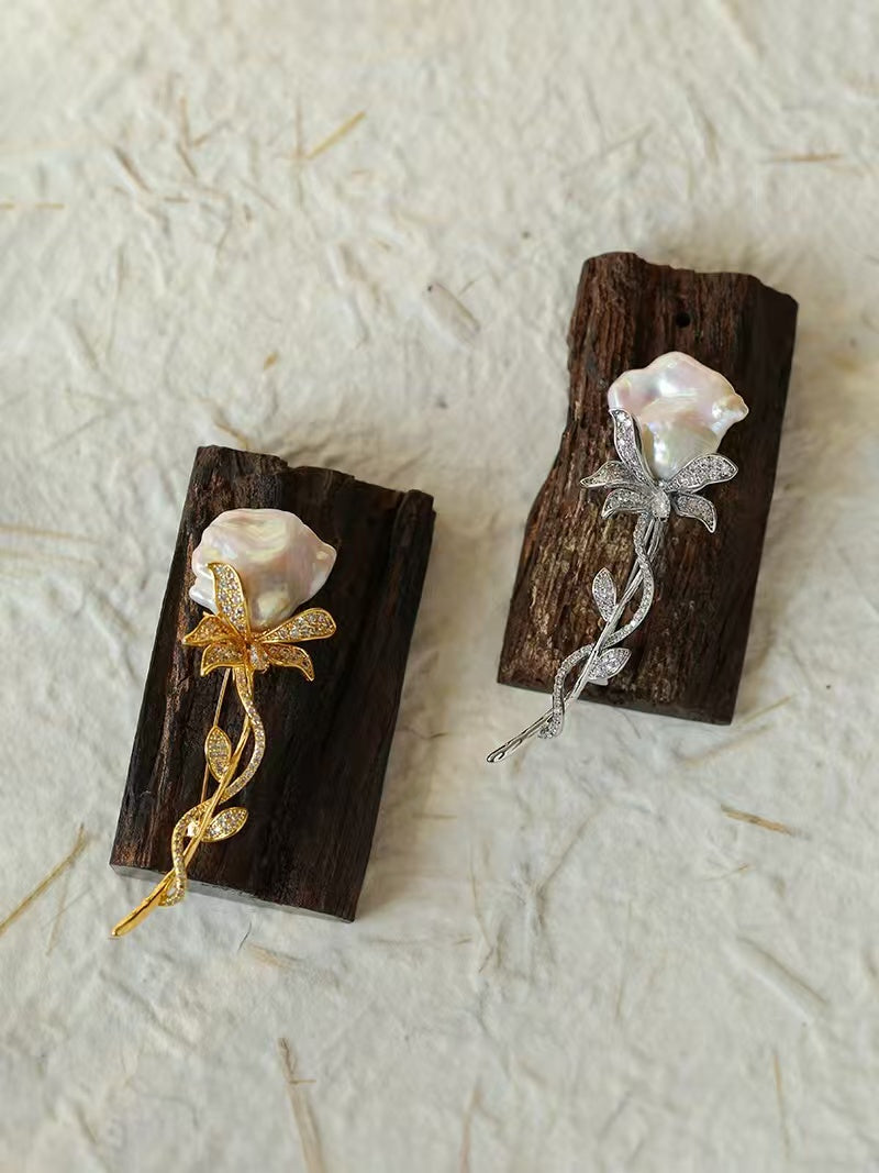 Natural Baroque Pearl Rose Brooch | Freshwater Pearl Flower Pin Jewelry
