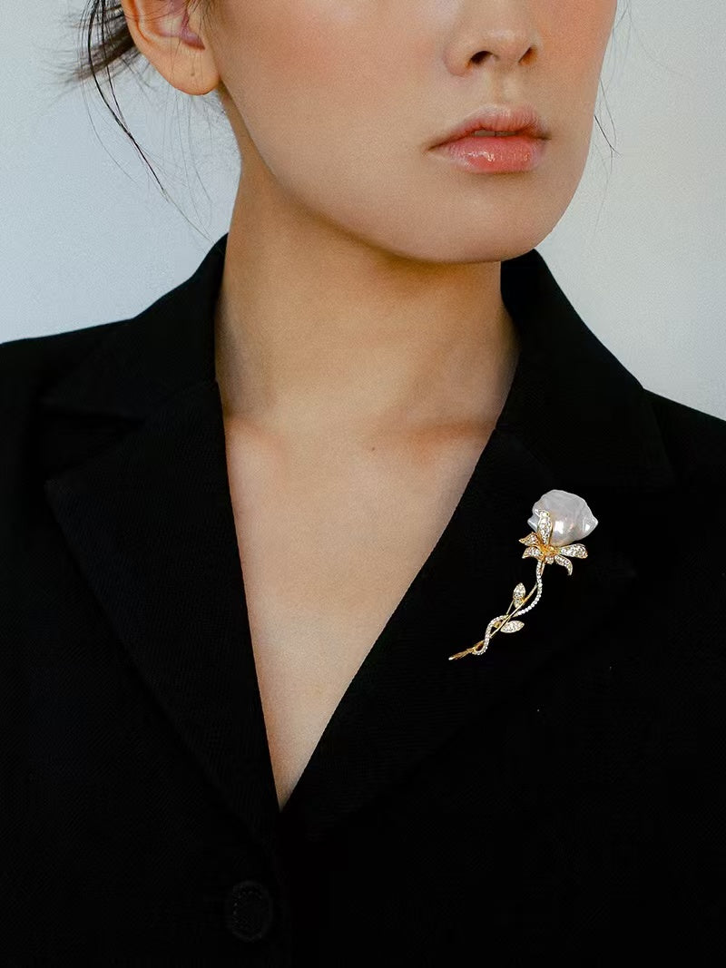 Natural Baroque Pearl Rose Brooch | Freshwater Pearl Flower Pin Jewelry
