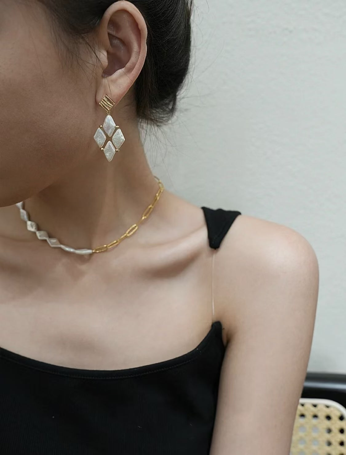Diamond Baroque Pearl Necklace & Earrings Set, Natural Freshwater Pearl Jewelry