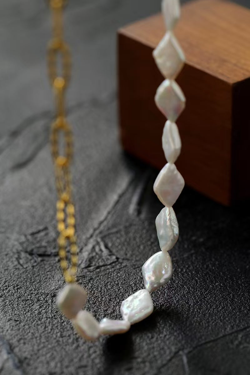 Diamond Baroque Pearl Necklace & Earrings Set, Natural Freshwater Pearl Jewelry