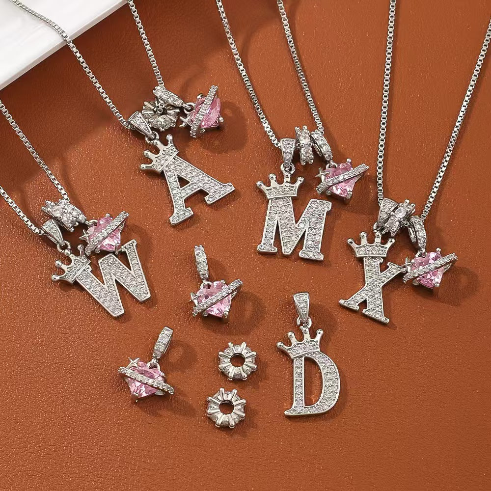 Charm System Silver-Tone Crown Letter Necklace | Box Chain
