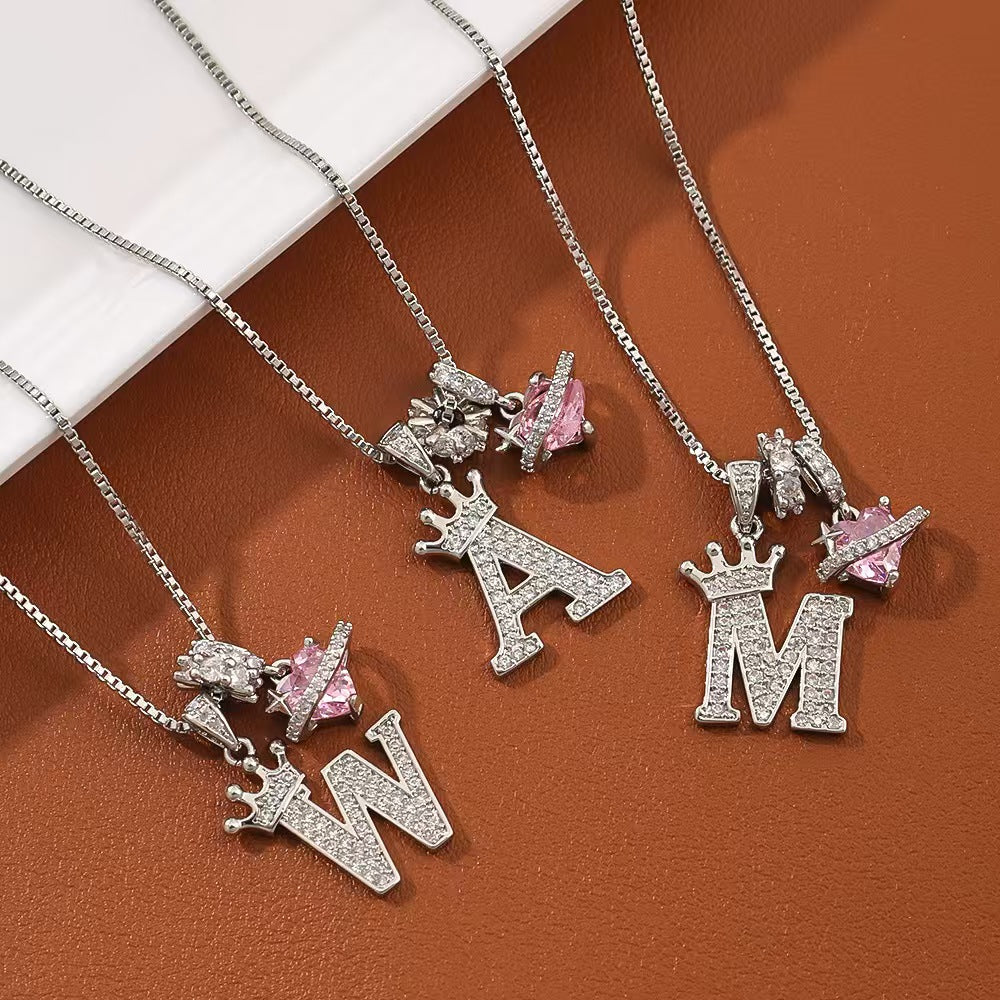 Charm System Silver-Tone Crown Letter Necklace | Box Chain