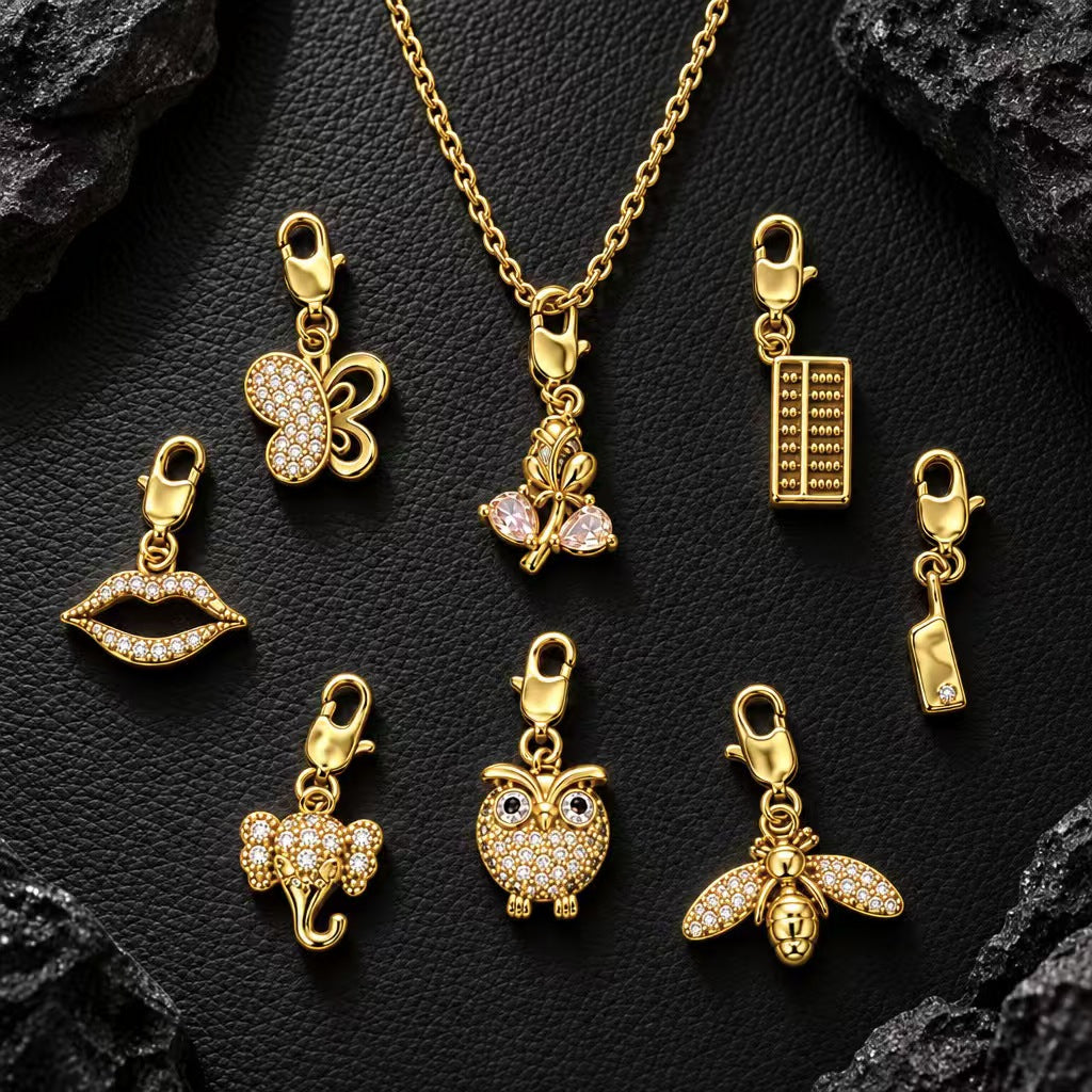 DIY Detachable Lobster Clasp Charm Necklace | Bee Butterfly Owl Zircon Pendant | Gold Stainless Steel O-Link Paperclip Chain