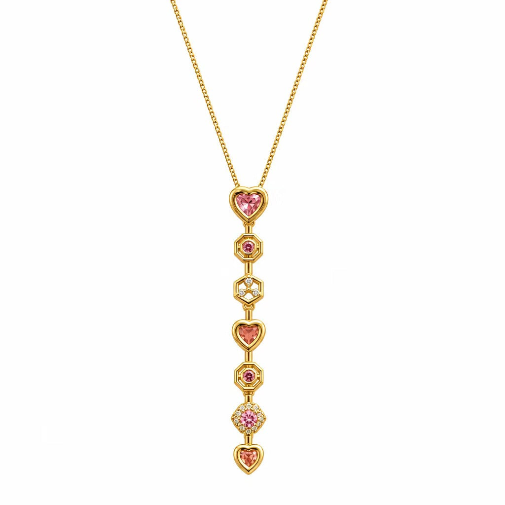 Heart Zircon Y Lariat Necklace | White Pink Multicolor Pendant | Copper Box Chain