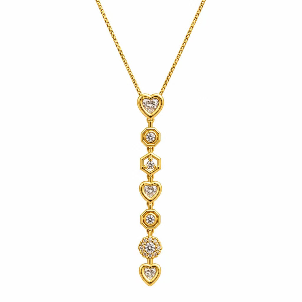 Heart Zircon Y Lariat Necklace | White Pink Multicolor Pendant | Copper Box Chain