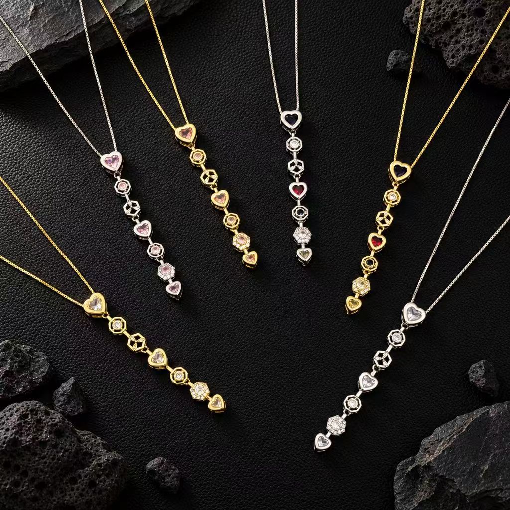 Heart Zircon Y Lariat Necklace | White Pink Multicolor Pendant | Copper Box Chain