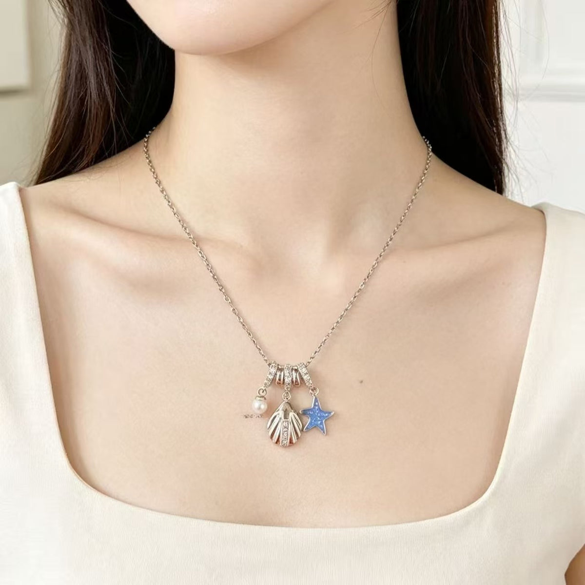 Enamel Horse Angel Cross Star Pendant Necklace | Zircon Pearl Shell Charm | Gold-Tone Silver-Tone Copper O-Link Lip Chain