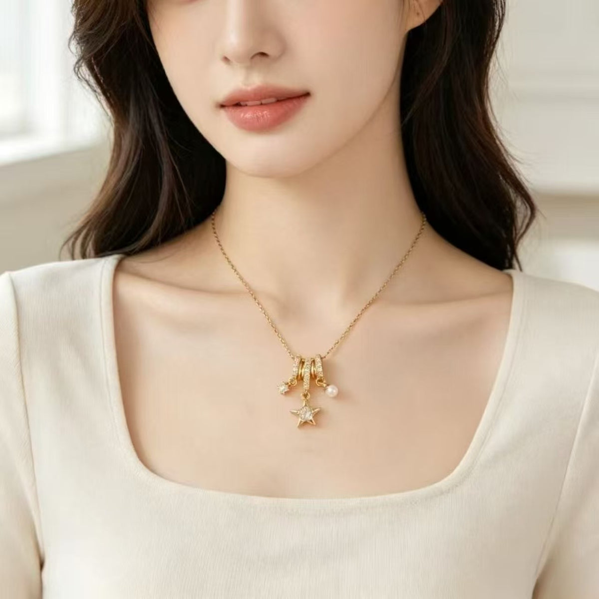 Star Pearl Zircon Pendant Necklace | Large-Hole Five-Point Star Charm | Gold-Tone Silver-Tone Copper O-Link Lip Chain