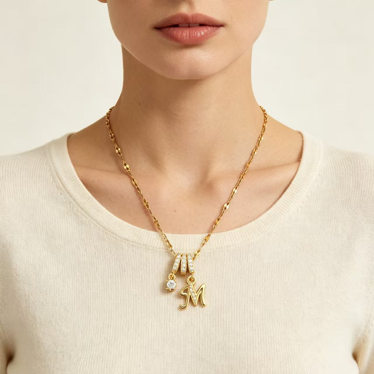 Copper Zircon Letter Necklace | Gold-Tone A-Z Initial Pendant | Stainless Steel Lip Chain