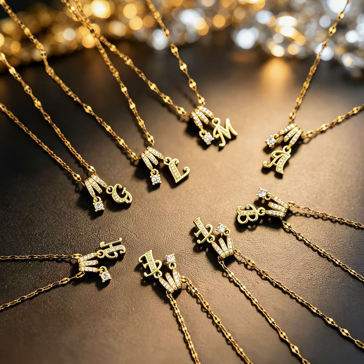Copper Zircon Letter Necklace | Gold-Tone A-Z Initial Pendant | Stainless Steel Lip Chain