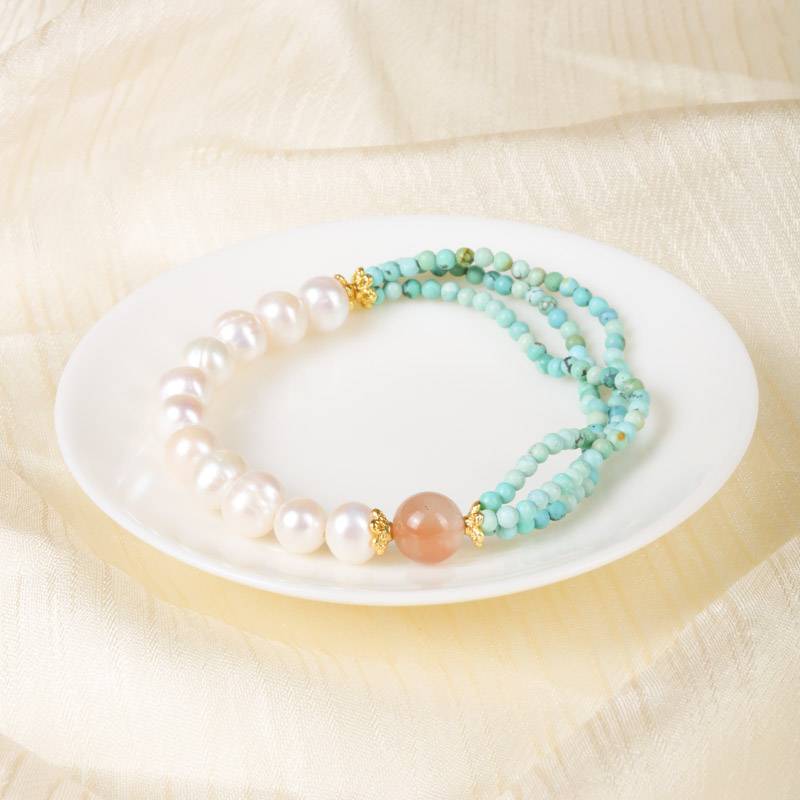 Almond Blossom Inspired Natural Gemstone Bracelet for Women | Turquoise Pearl & Agate Beaded Jewelry