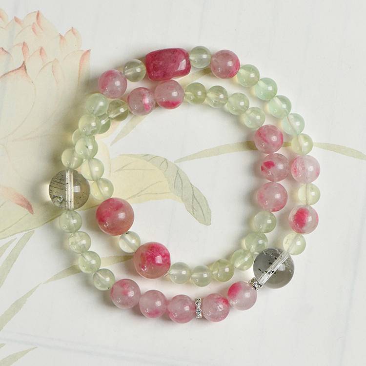 Wood & Fire Inspired Double Wrap Bracelet | Prehnite, Rhodonite & Green Phantom Quartz