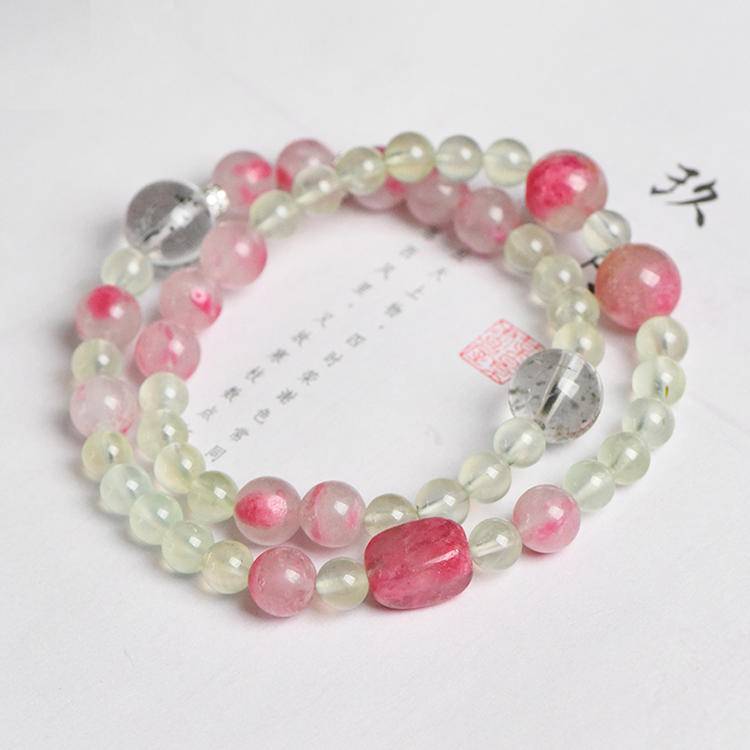 Wood & Fire Inspired Double Wrap Bracelet | Prehnite, Rhodonite & Green Phantom Quartz