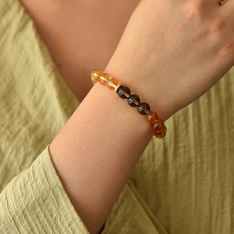 Sunflower Inspired Natural Crystal Bracelet for Women | Citrine Smoky Quartz & Green Phantom Beaded Jewelry