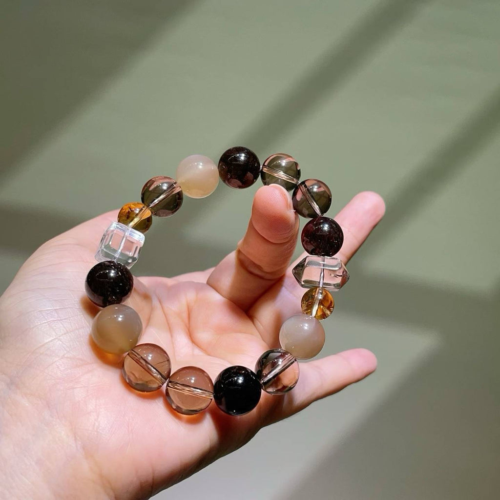 Natural Smoky Quartz & Black Gold Super Seven Gemstone Bracelet with Moonstone and Quartz