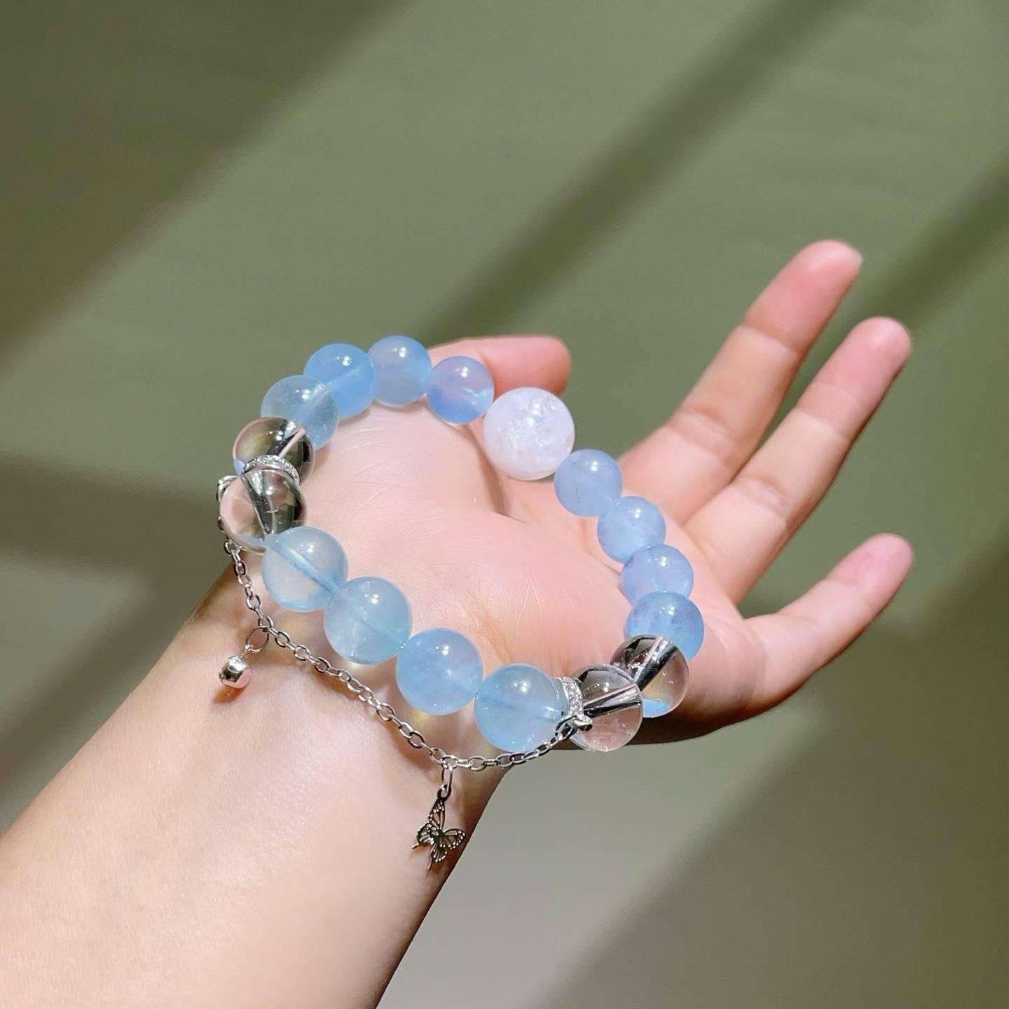 Aquamarine Beaded Bracelet | Natural Blue Gemstone Jewelry with Quartz