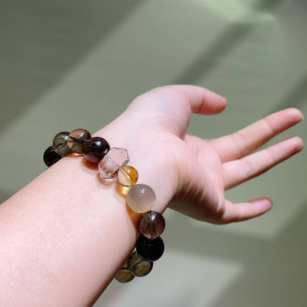 Natural Smoky Quartz & Black Gold Super Seven Gemstone Bracelet with Moonstone and Quartz