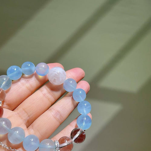Aquamarine Beaded Bracelet | Natural Blue Gemstone Jewelry with Quartz