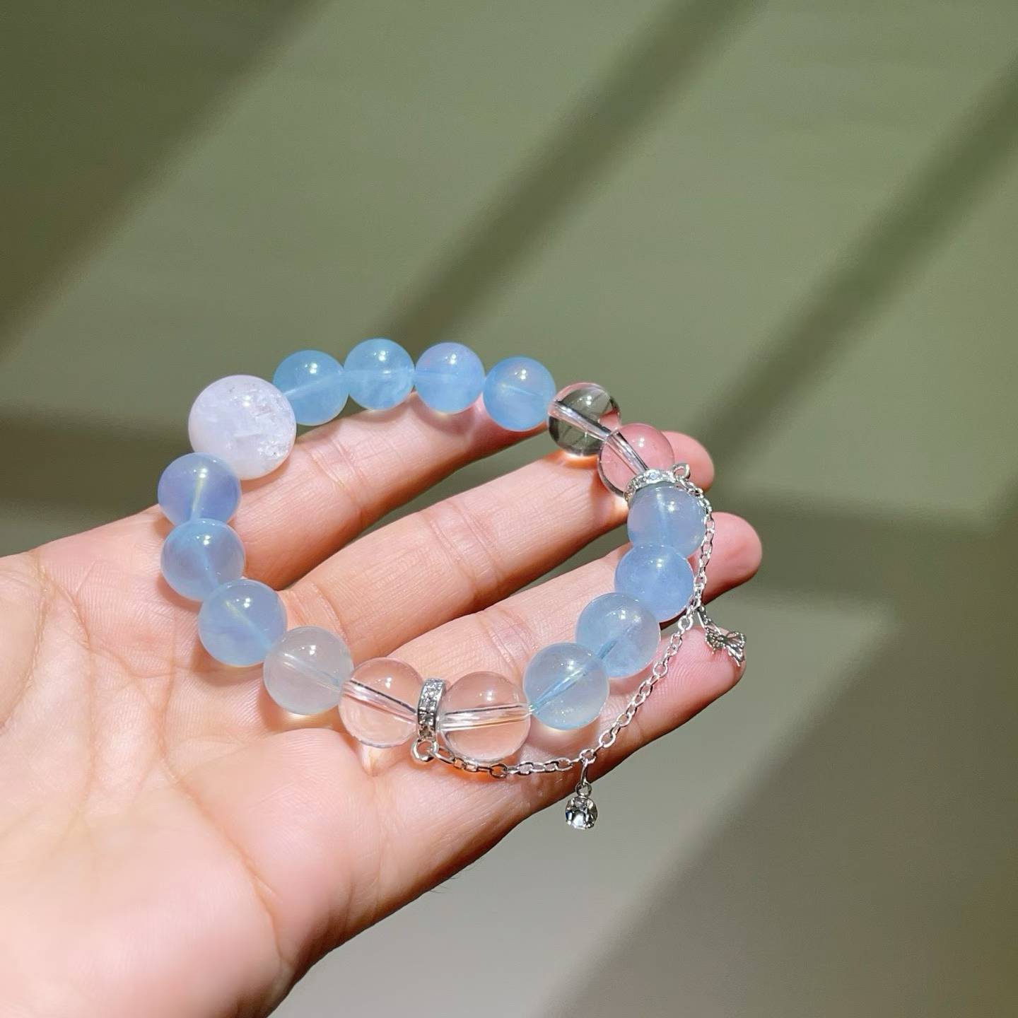 Aquamarine Beaded Bracelet | Natural Blue Gemstone Jewelry with Quartz