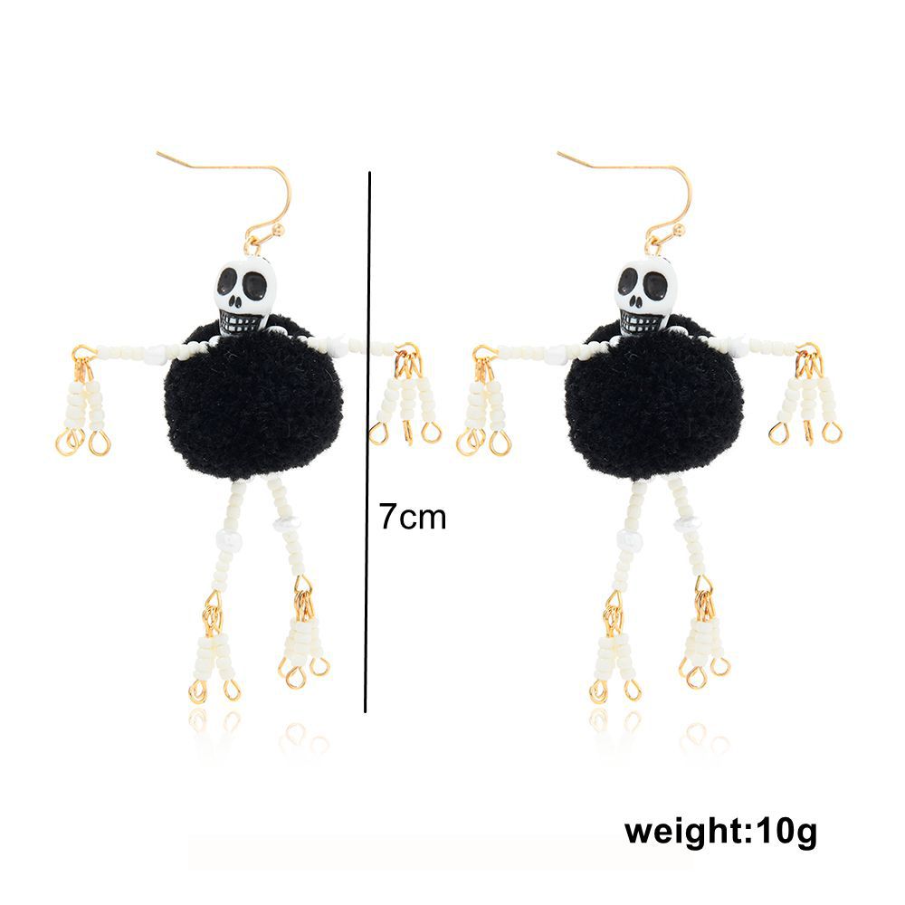 Halloween Skull Robot Pom Pom Drop Earrings – Fun Spooky Statement Jewelry