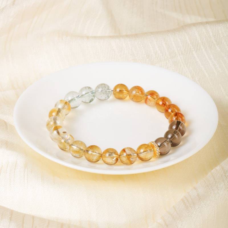 Sunflower Inspired Natural Crystal Bracelet for Women | Citrine Smoky Quartz & Green Phantom Beaded Jewelry