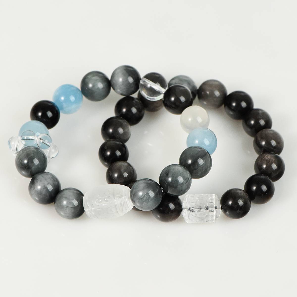 Silver Obsidian & Aquamarine Couple's Bracelet Set a€¡± His & Hers