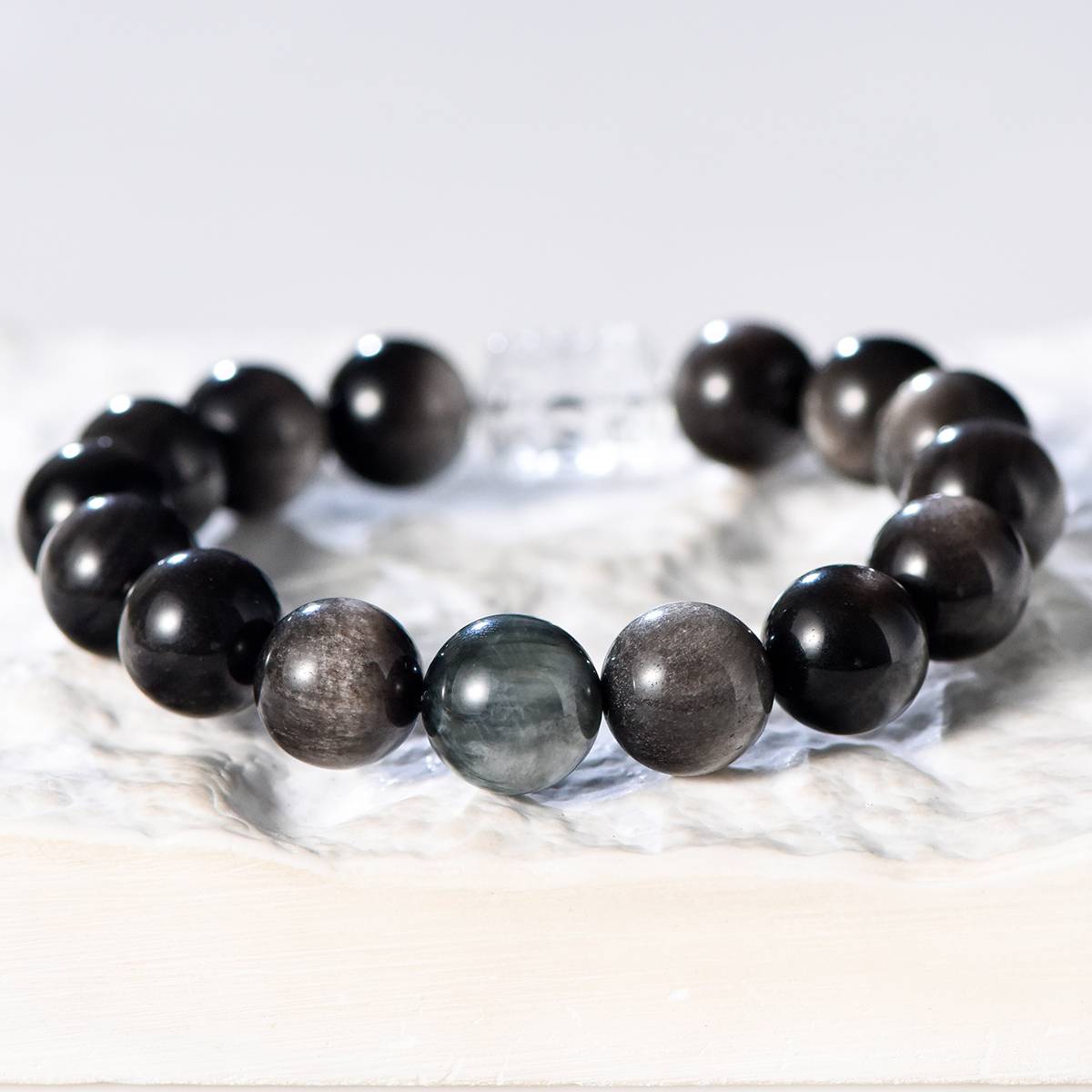 Silver Obsidian & Aquamarine Couple's Bracelet Set a€¡± His & Hers