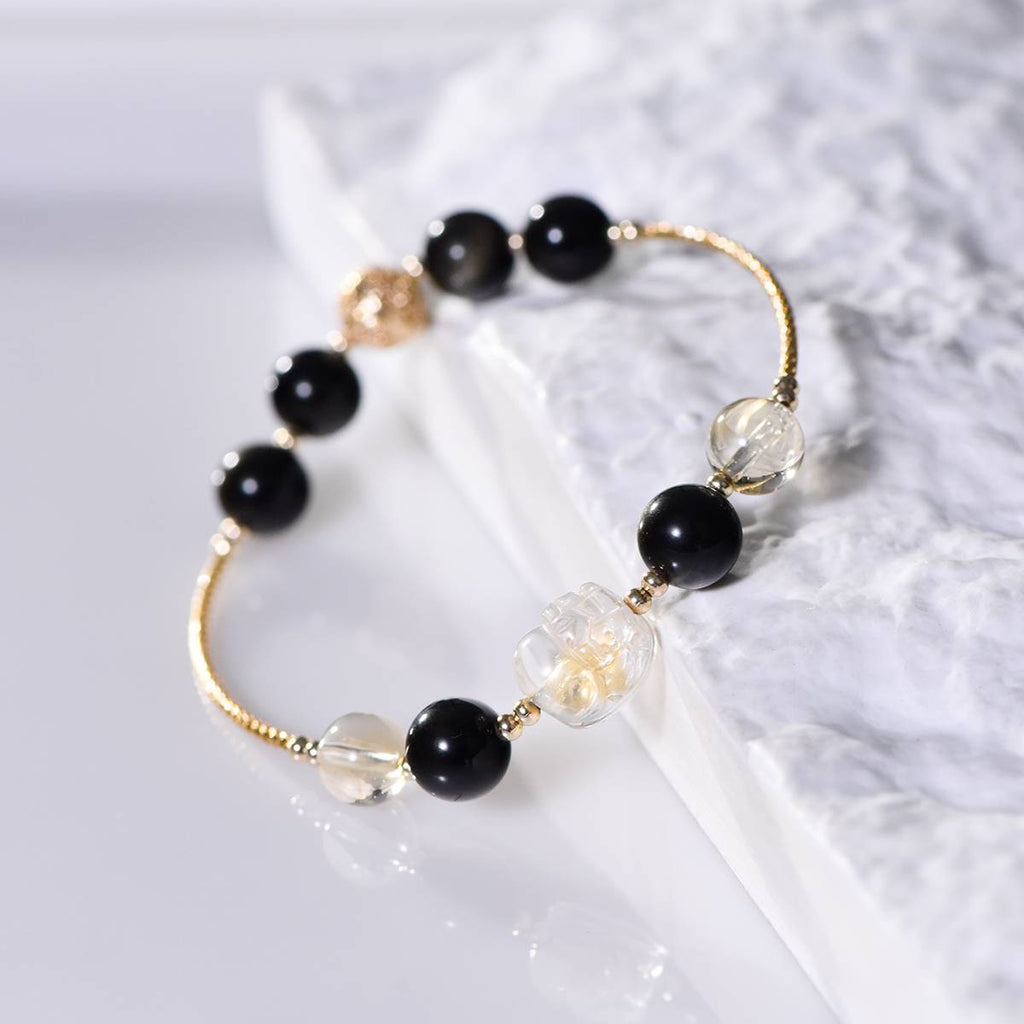 Gold Obsidian & Citrine Pi Xiu Bracelet for Women, Men & Couples