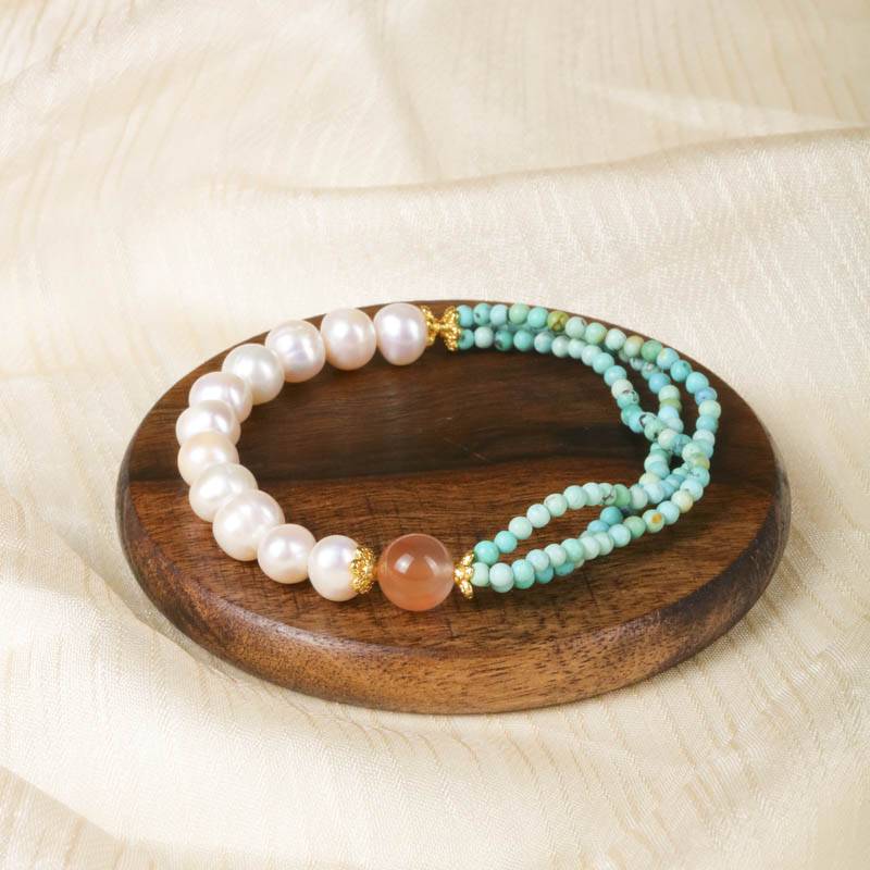 Almond Blossom Inspired Natural Gemstone Bracelet for Women | Turquoise Pearl & Agate Beaded Jewelry