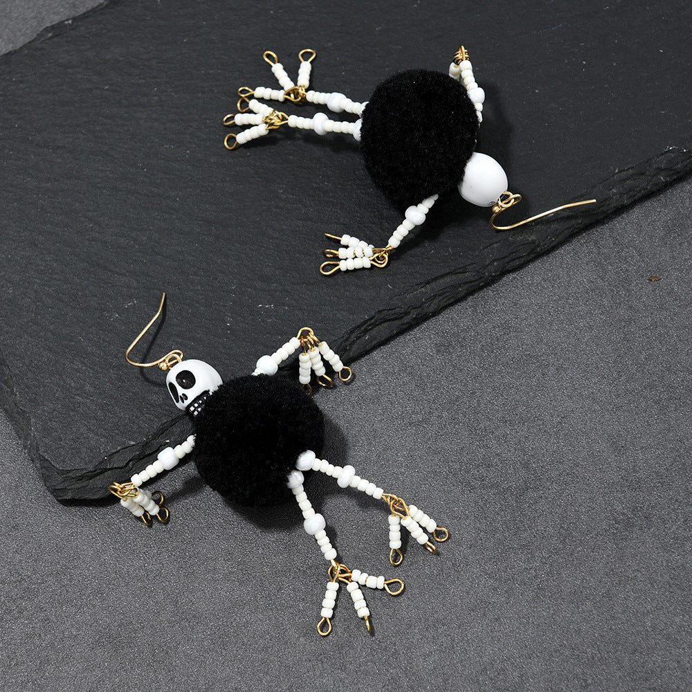 Halloween Skull Robot Pom Pom Drop Earrings – Fun Spooky Statement Jewelry