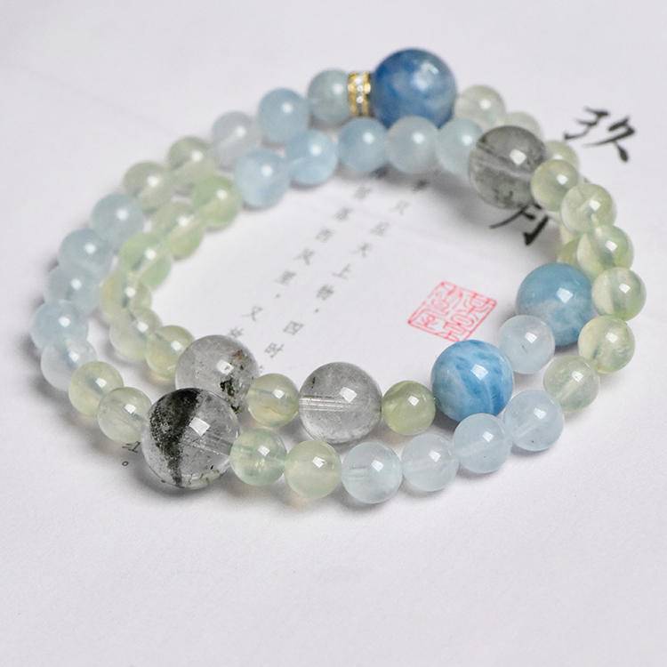 Water Wood Inspired Natural Gemstone Bracelet | Aquamarine & Green Phantom Quartz