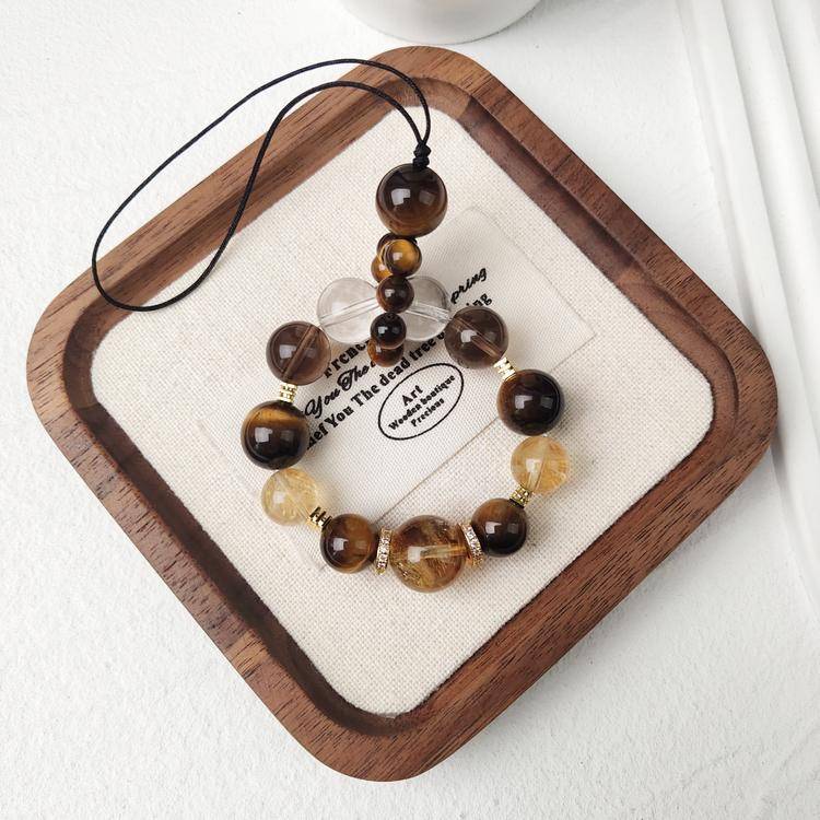 Natural Citrine & Tiger Eye Crystal Phone Charm | Golden Crystal Beaded Phone Strap, Lucky Gemstone Keychain & Bag Charm