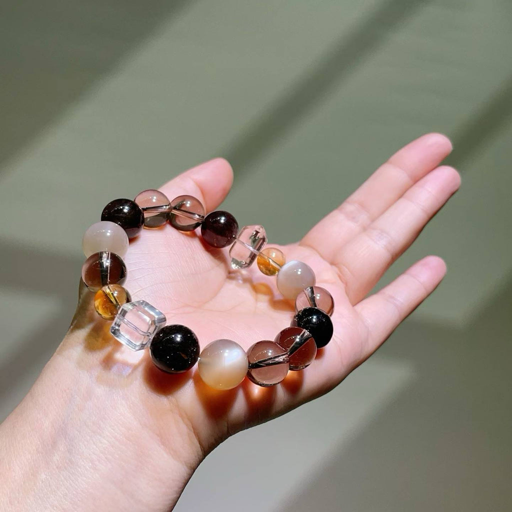 Natural Smoky Quartz & Black Gold Super Seven Gemstone Bracelet with Moonstone and Quartz