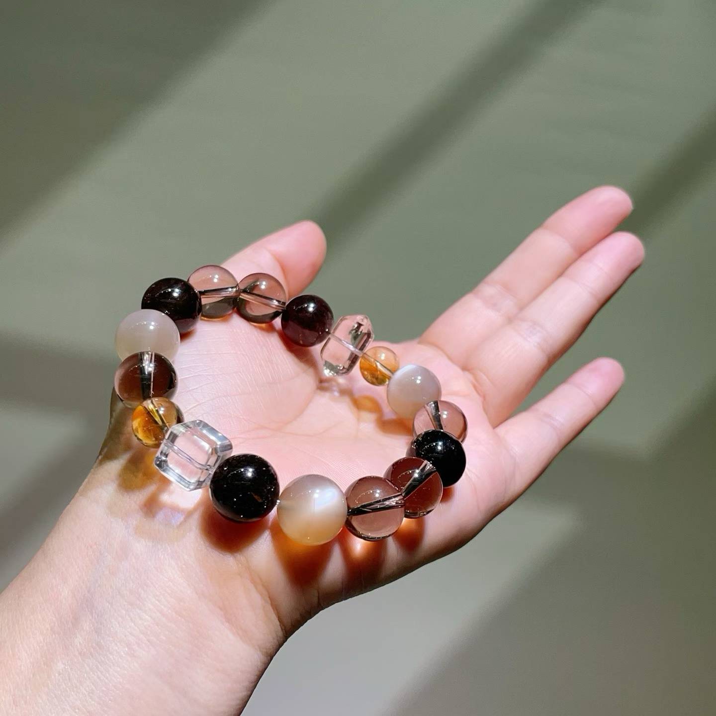 Natural Smoky Quartz & Black Gold Super Seven Gemstone Bracelet with Moonstone and Quartz