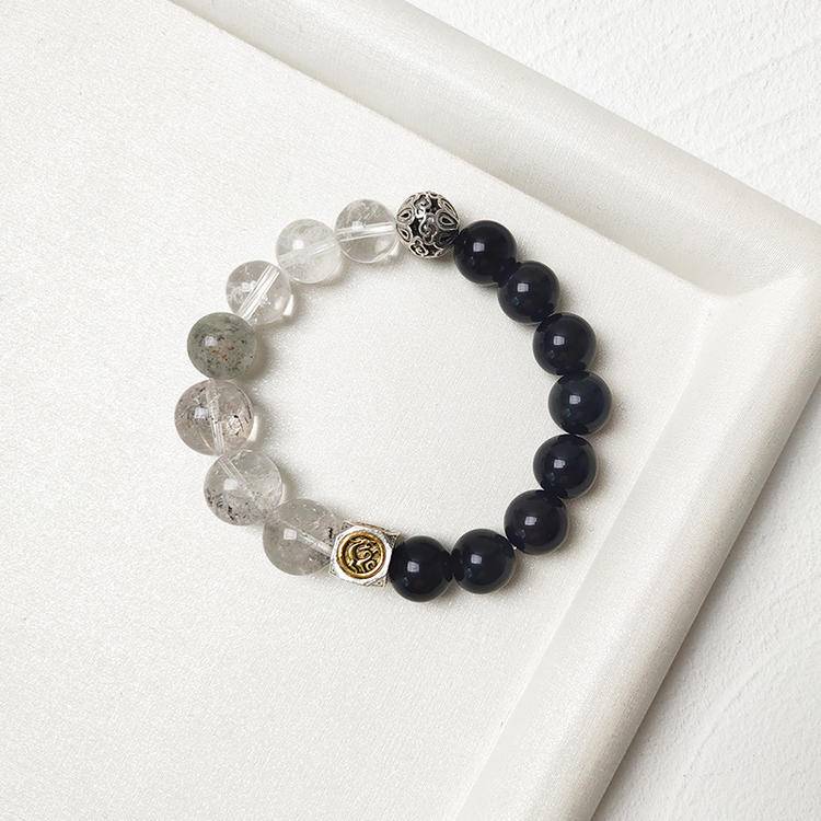 Men's Black Obsidian, Hematite & Quartz Beaded Bracelet | Natural Gemstone Jewelry