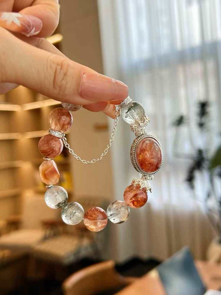 Wood Fire Inspired Gemstone Bracelet | Red Hematoid Quartz & Phantom Quartz