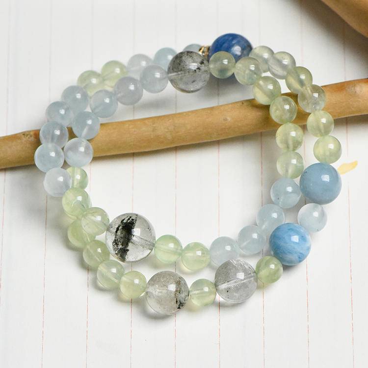 Water Wood Inspired Natural Gemstone Bracelet | Aquamarine & Green Phantom Quartz